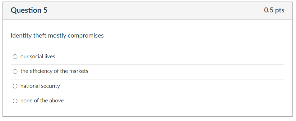 Question 5 0.5 pts Identity theft mostly