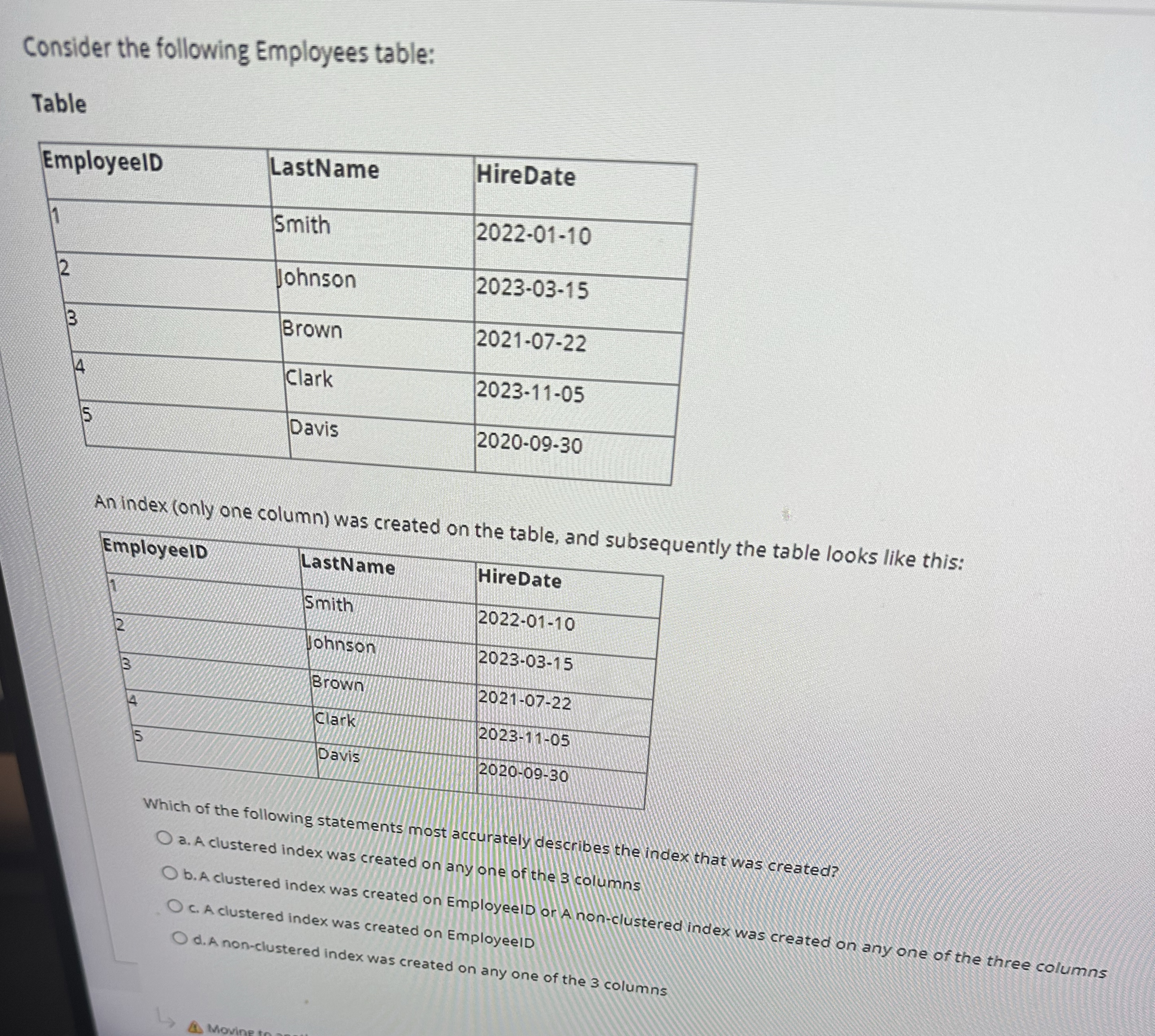 Consider the following Employees table: Table \