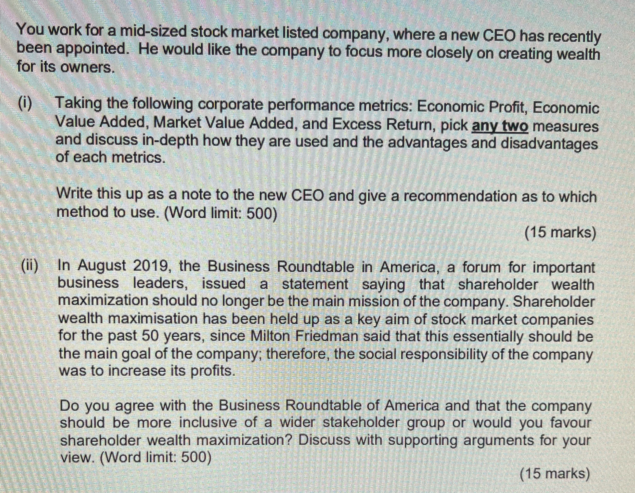 Managing corporate value, please help! You work