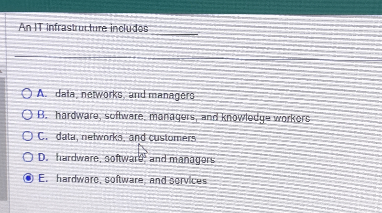 An IT infrastructure includes A . data, networks,