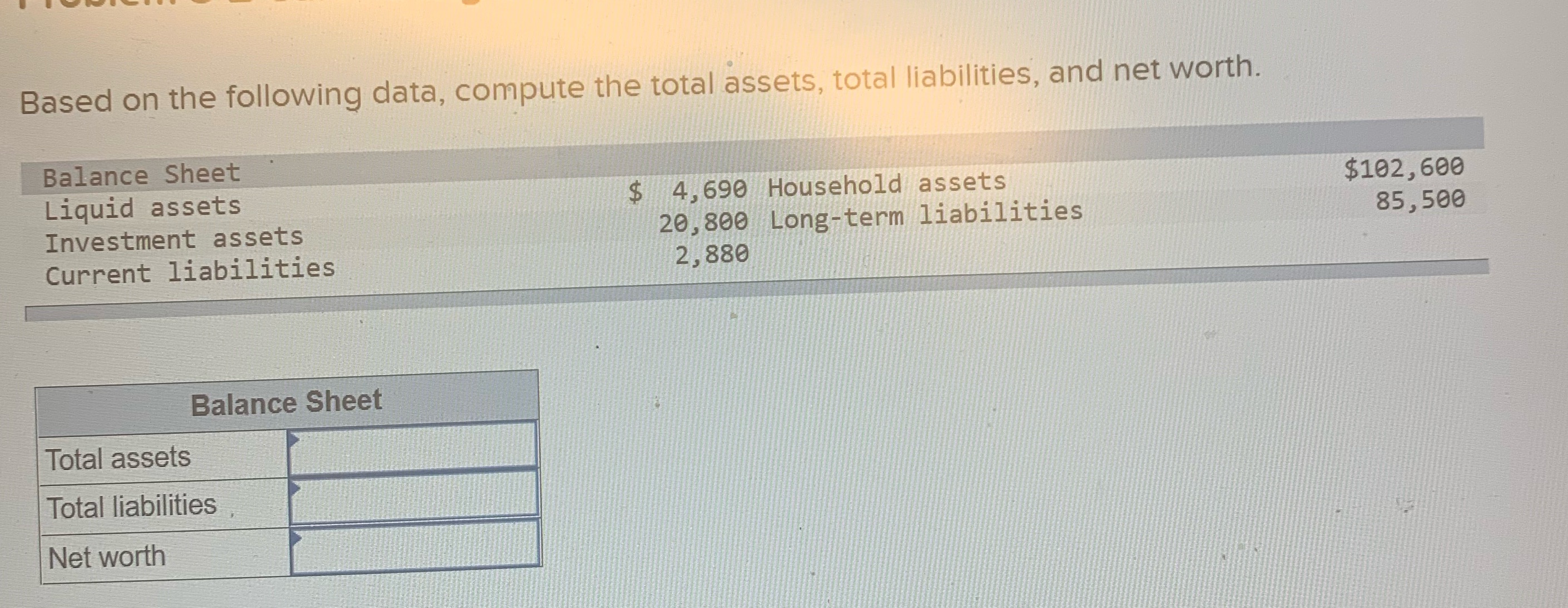 Based on the following data, compute the total