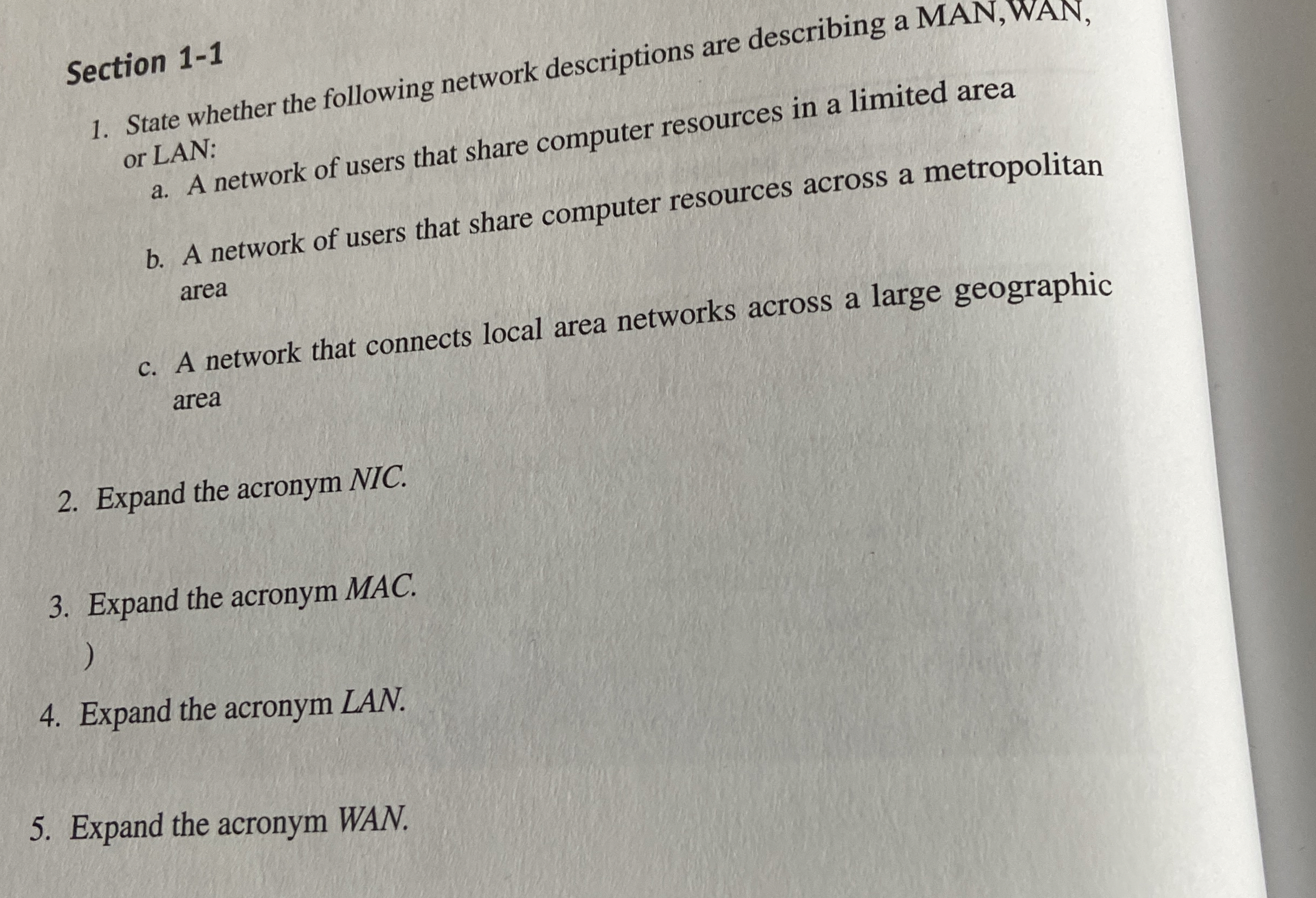 Section 1 - 1 State whether the following network