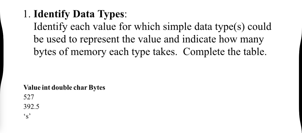 Identify Data Types: Identify each value for