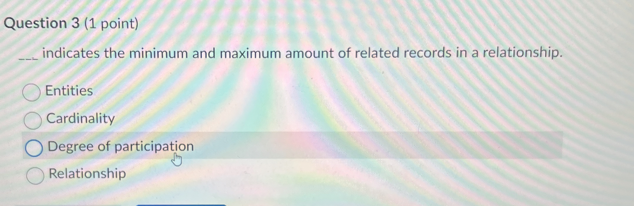 Question 3 ( 1 point ) indicates the minimum and