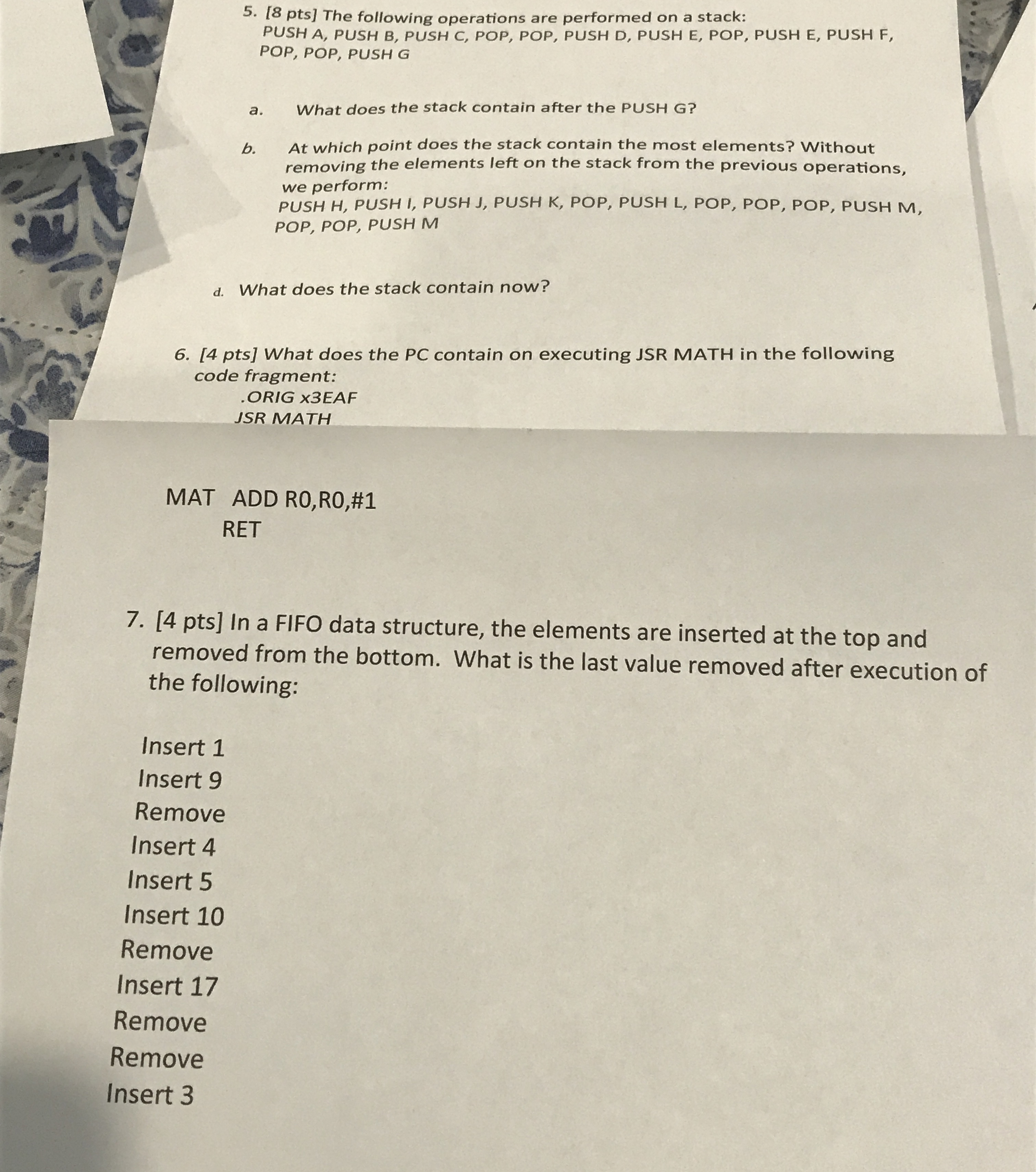 5 . [ 8 pts ] The following operations are