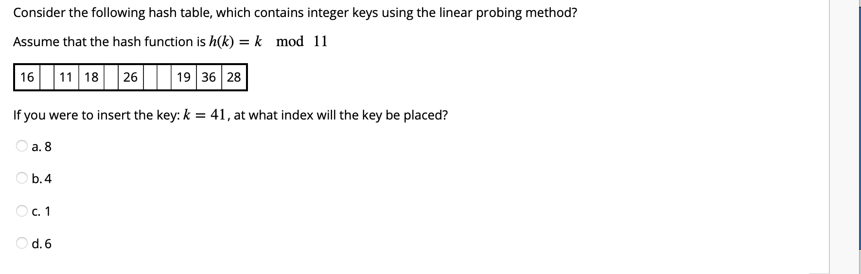 Consider the following hash table, which contains