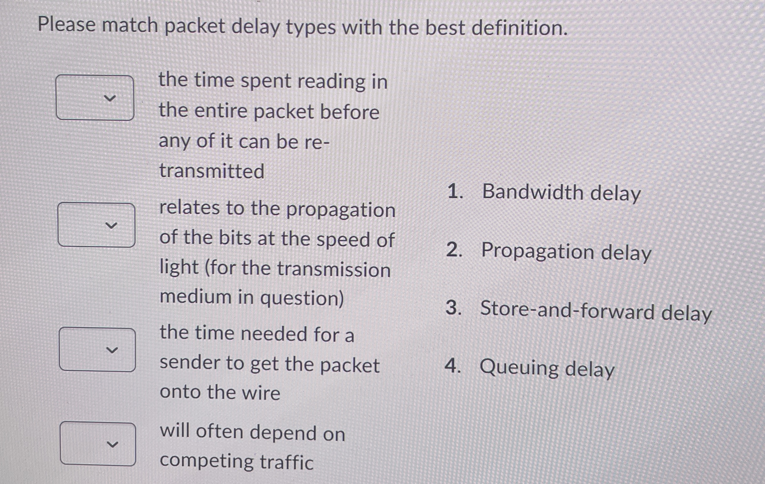 Please match packet delay types with the best