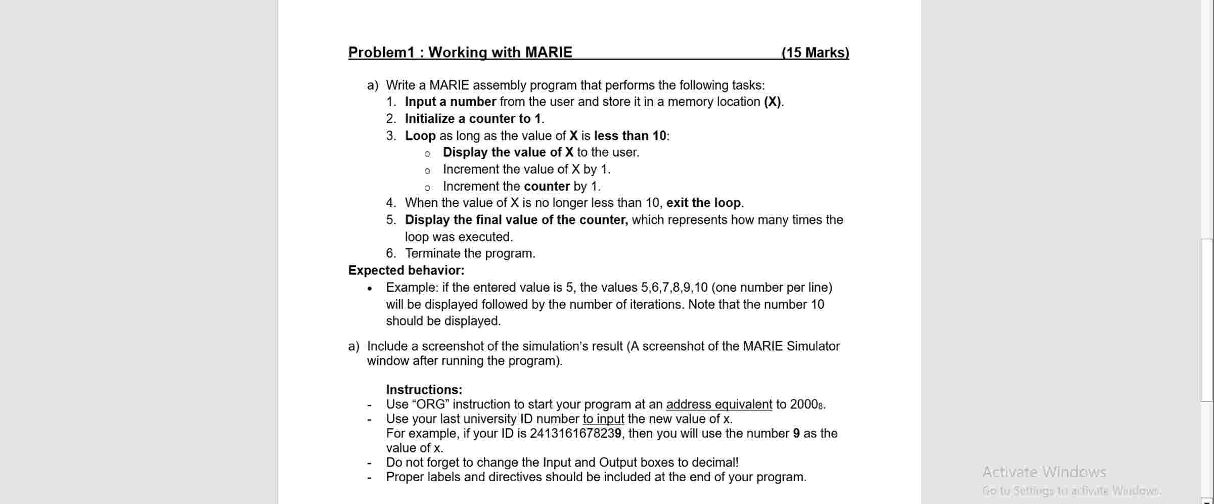 a ) Write a MARIE assembly program that performs