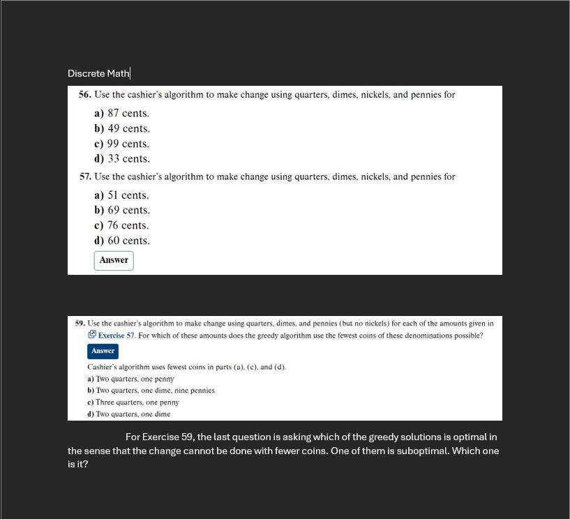 Discrete Math Use the cashier's algorithm to make