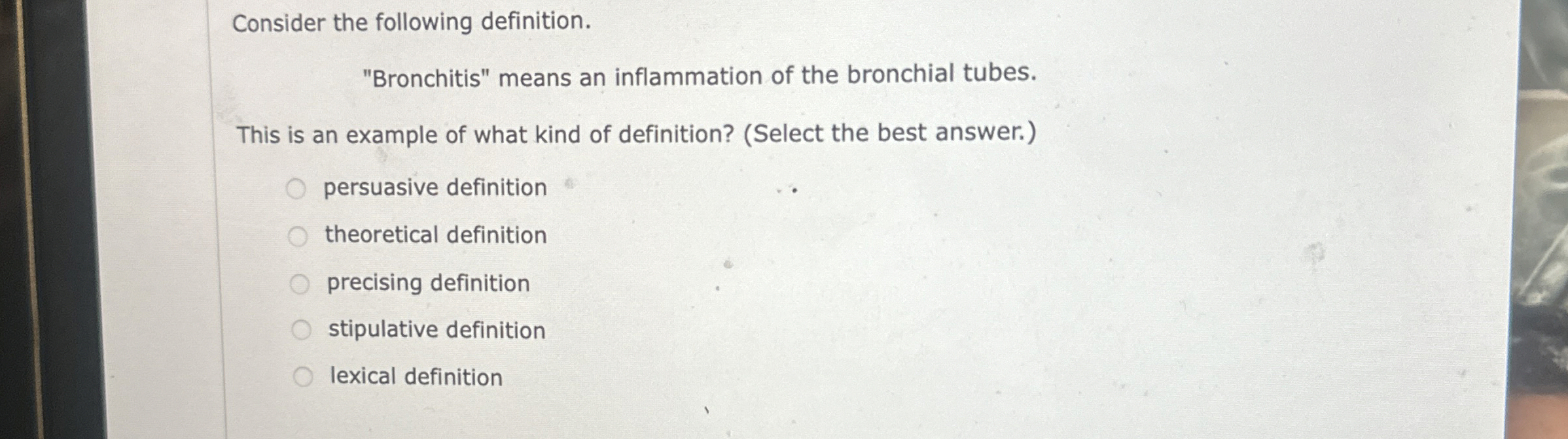 Consider the following definition. "Bronchitis"