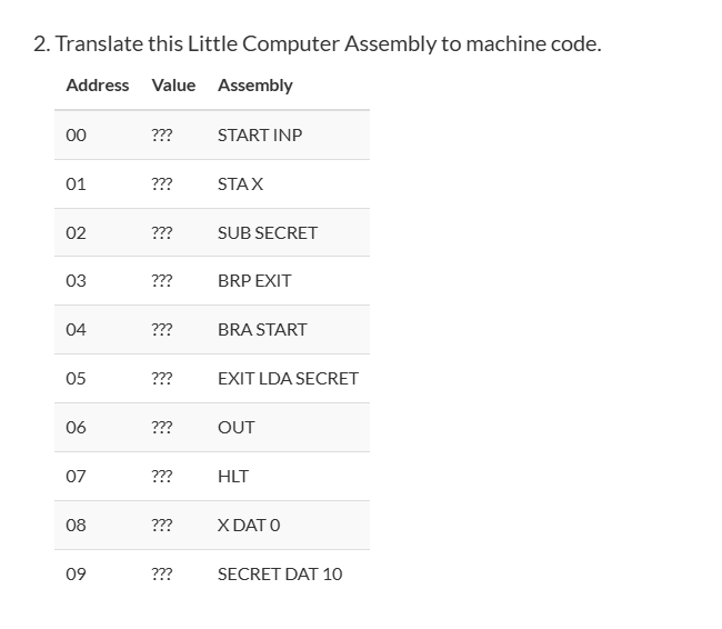 2 . Translate this Little Computer Assembly to