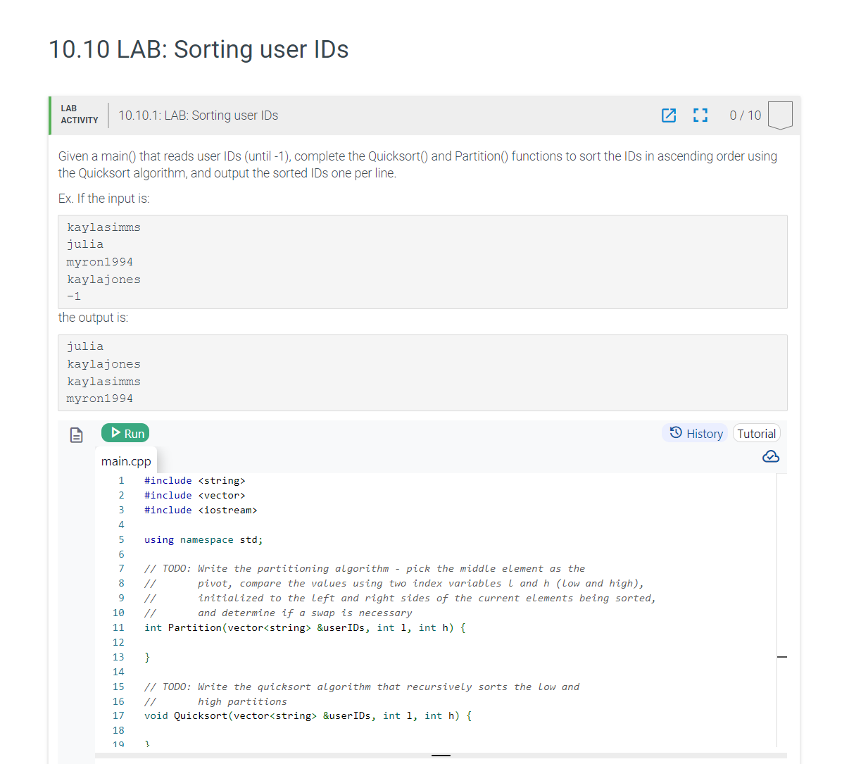1 0 . 1 0 LAB: Sorting user IDs Given a main ( )