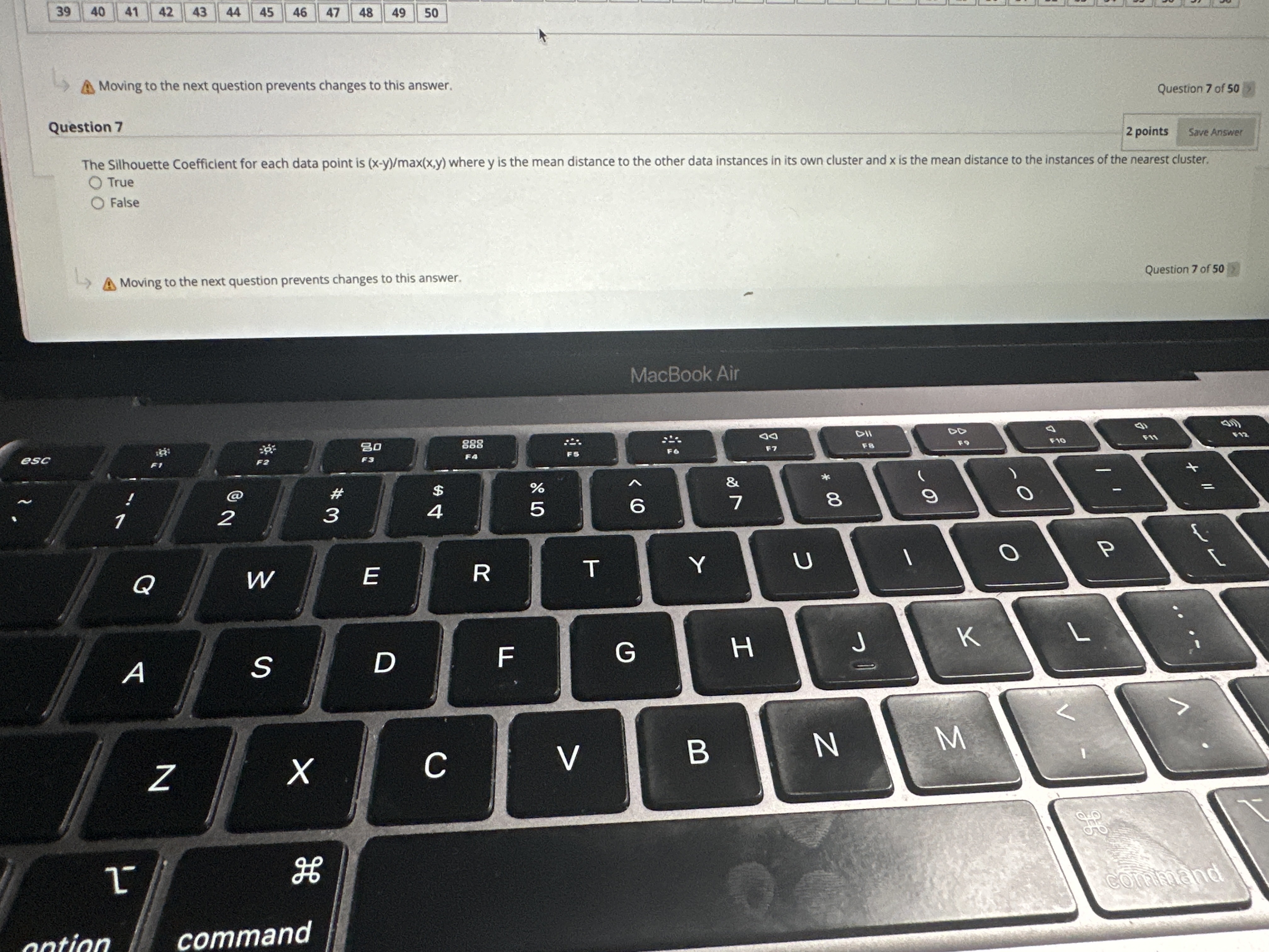 Question 7 The Silhouette Coefficient for each