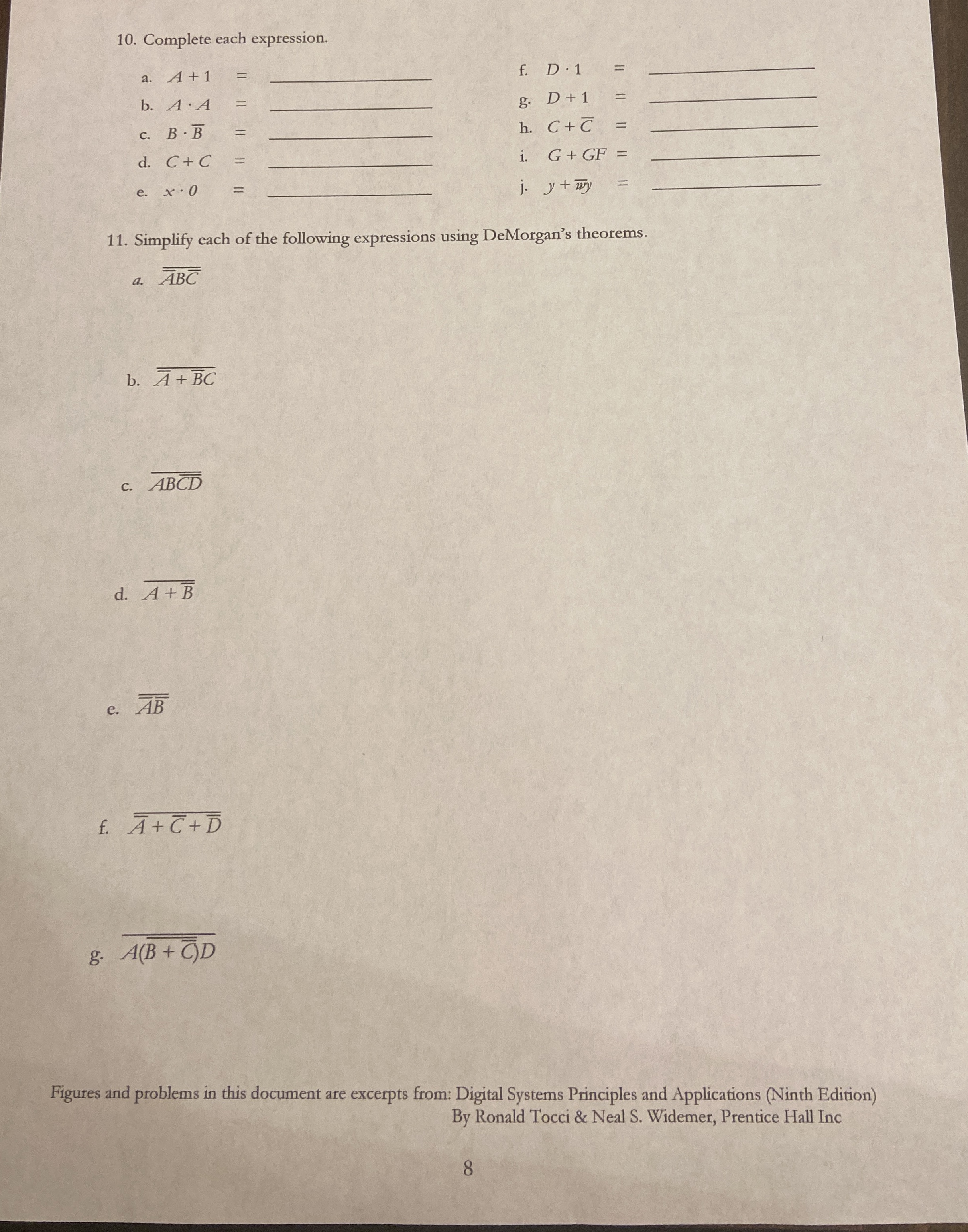 Complete each expression. a . A + 1 = f . D * 1 =
