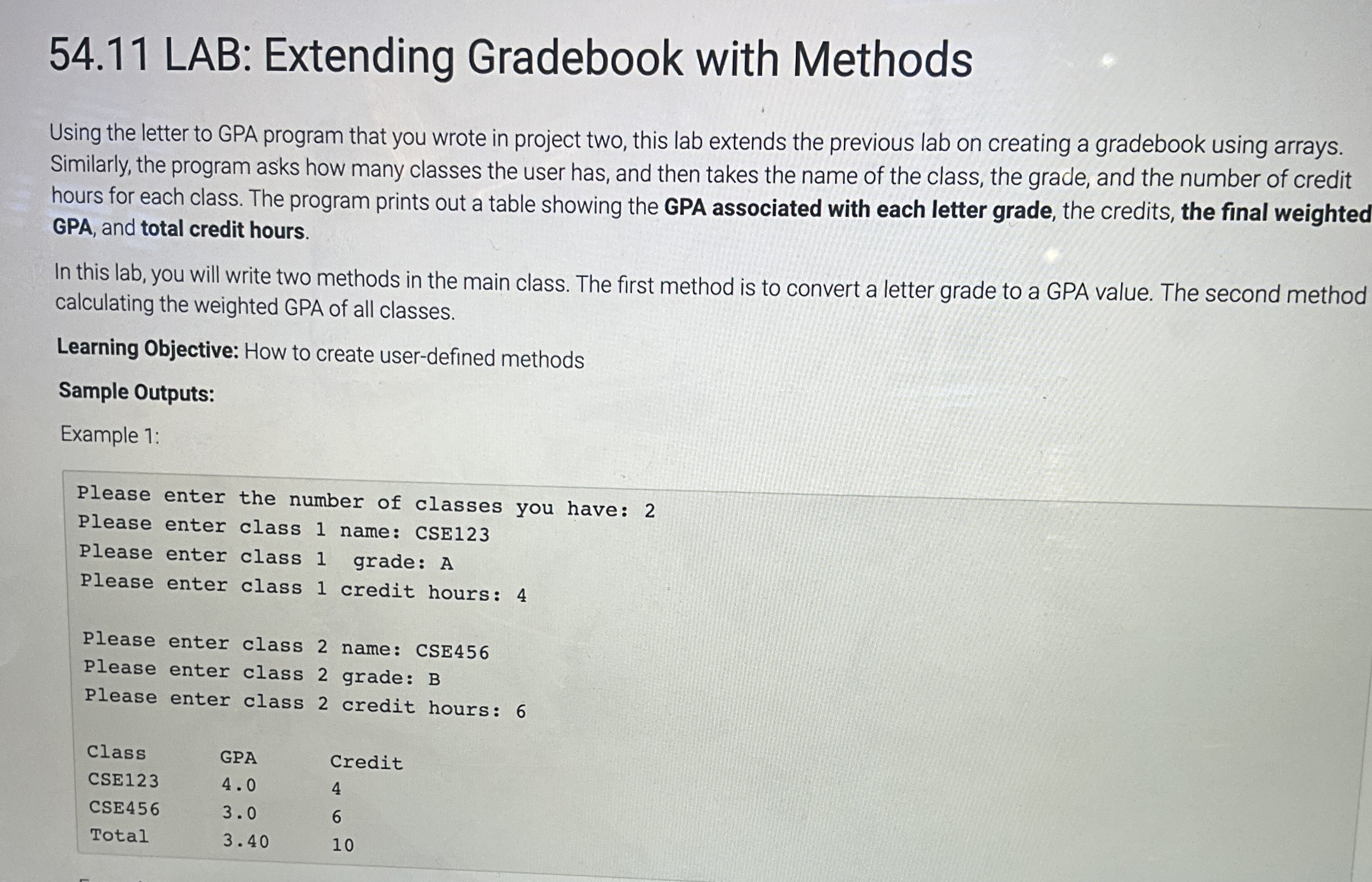5 4 . 1 1 LAB: Extending Gradebook with Methods