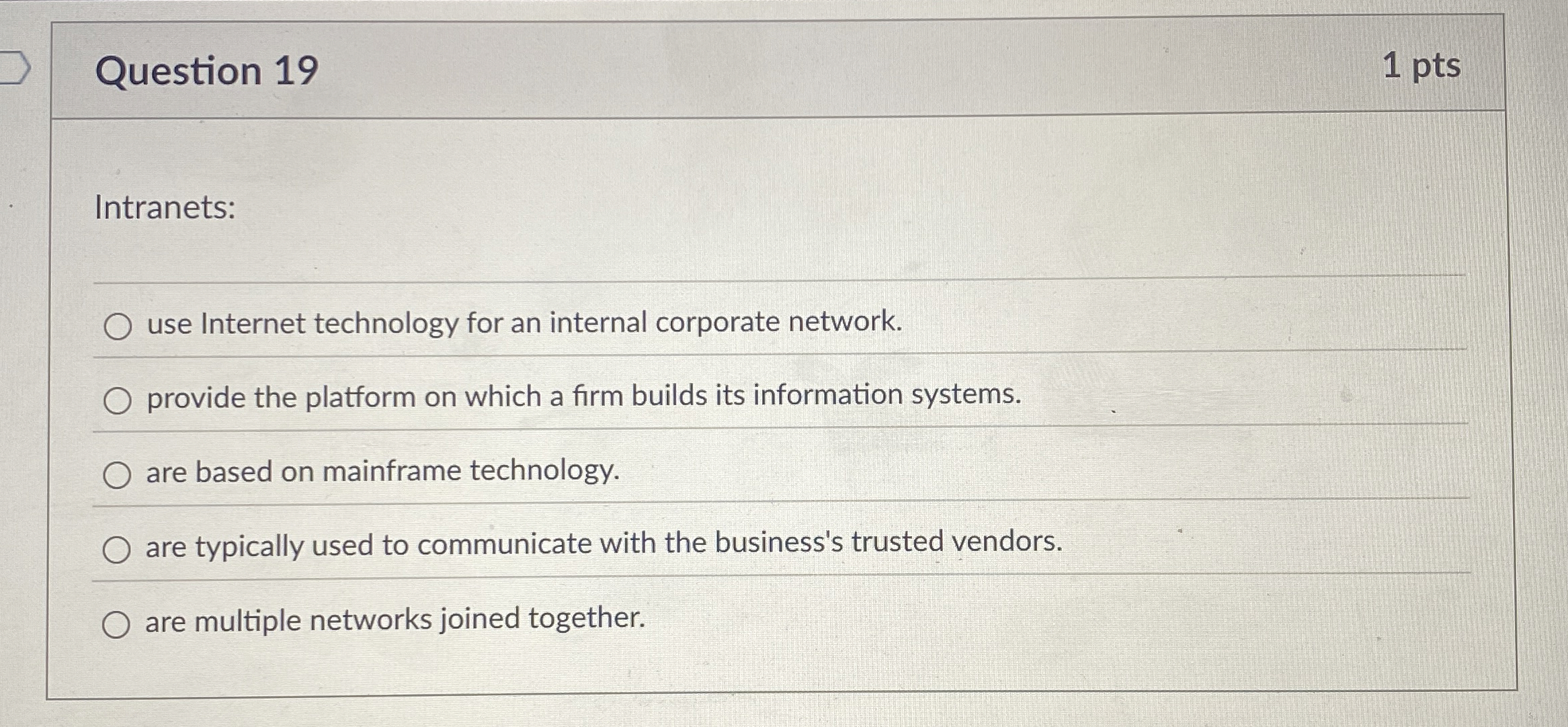 Question 1 9 1 pts Intranets: use Internet