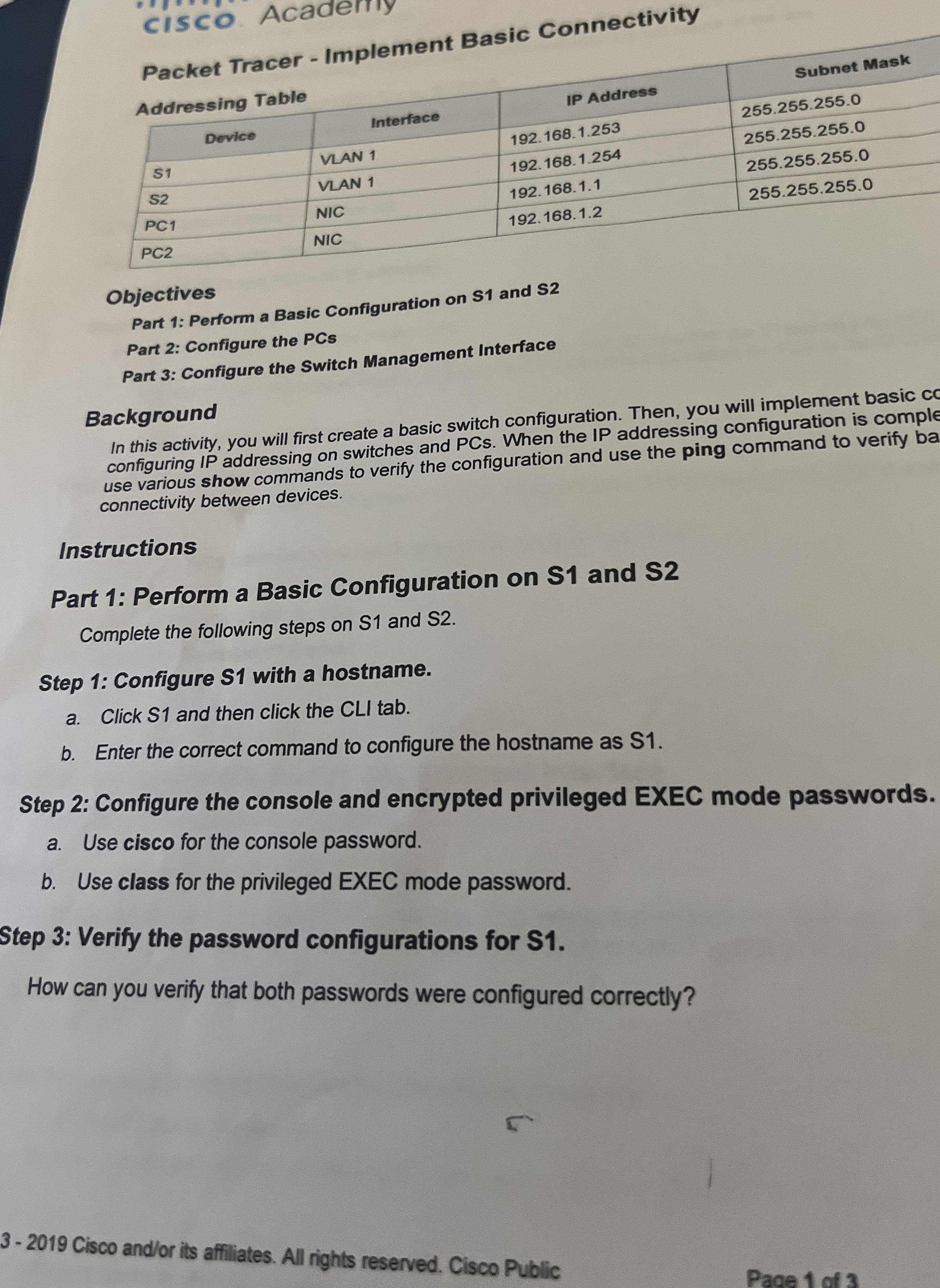 cisco Acaderny Packet Tracer - Implement Basic