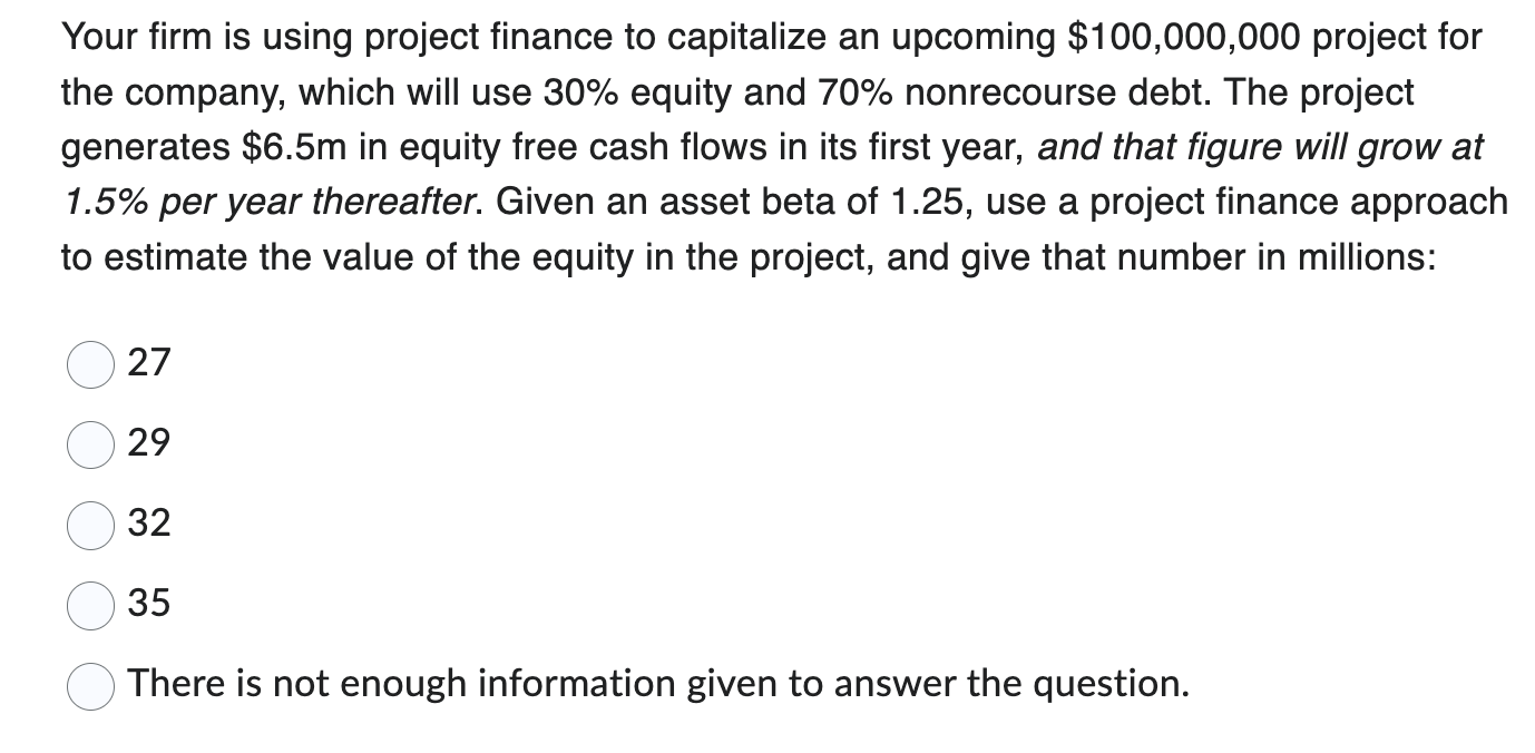 Your firm is using project finance to capitalize