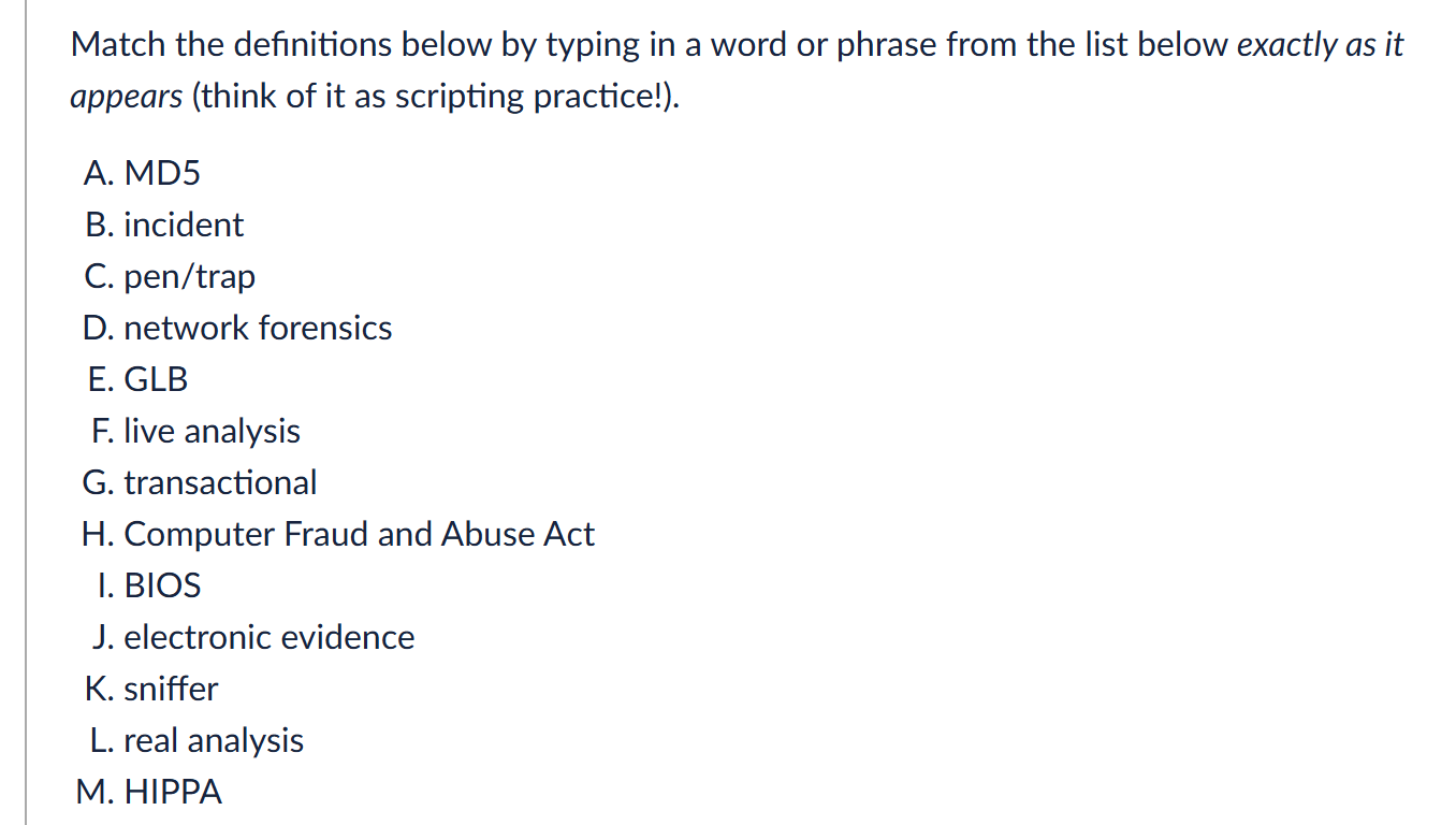 Match the definitions below by typing in a word