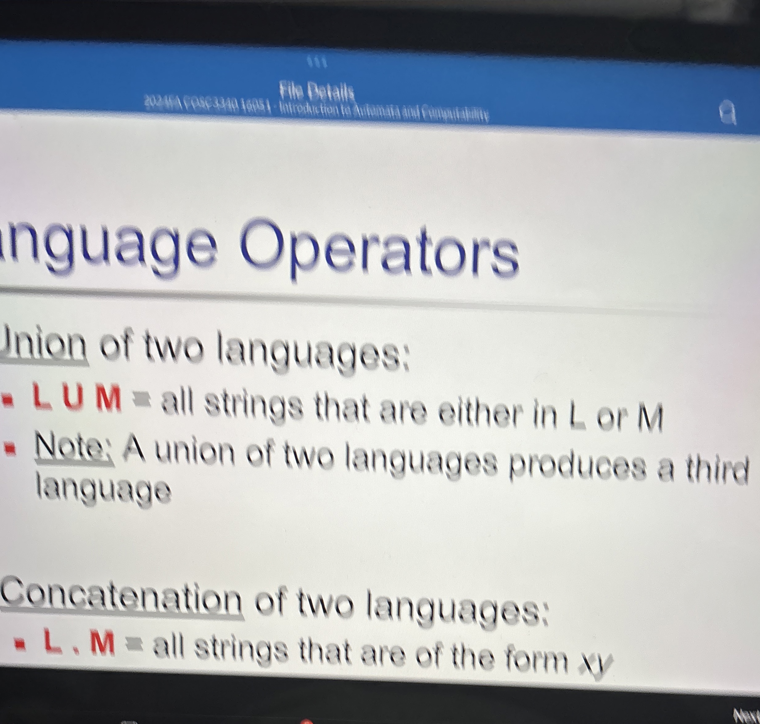 Inion of two languages: LUM = all strings that