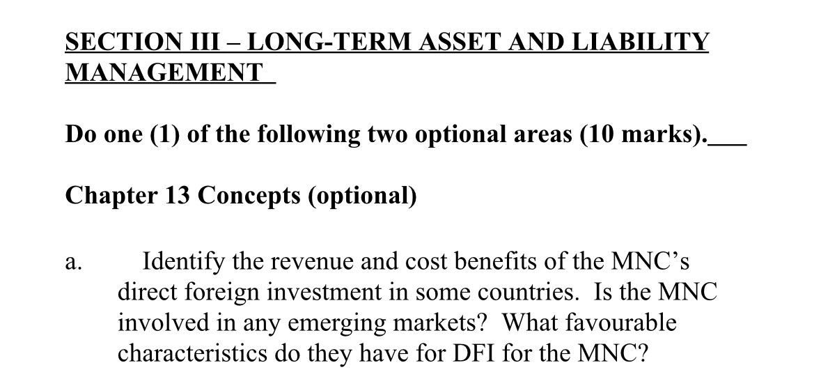 SECTION III LONG-TERM ASSET AND LIABILITY