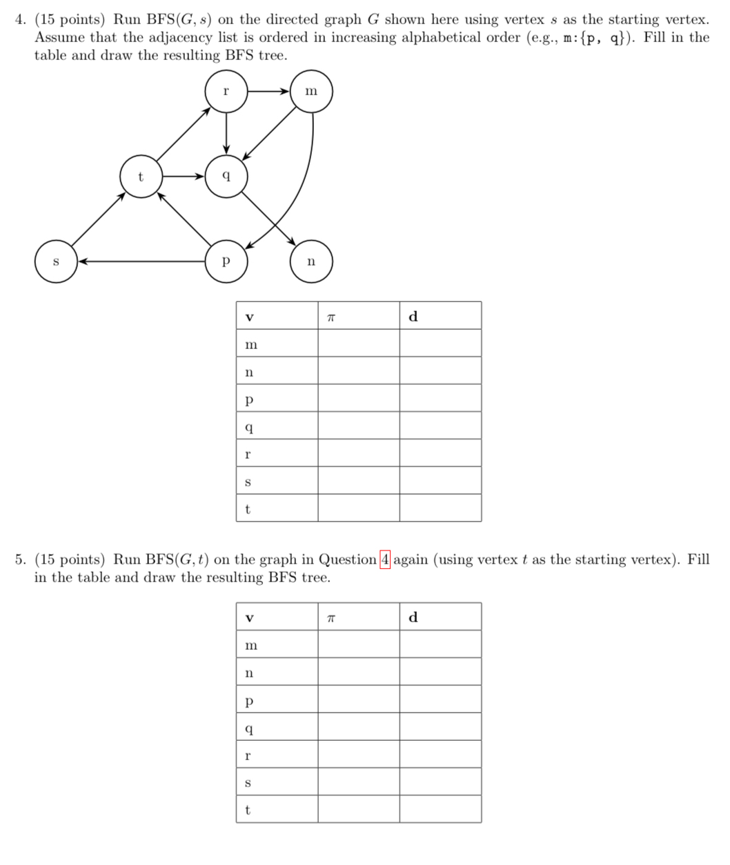 ( 1 5 points ) Run B F S ( G , s ) on the