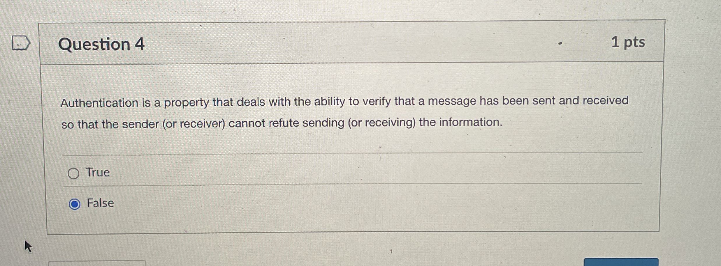 Question 4 1 pts Authentication is a property