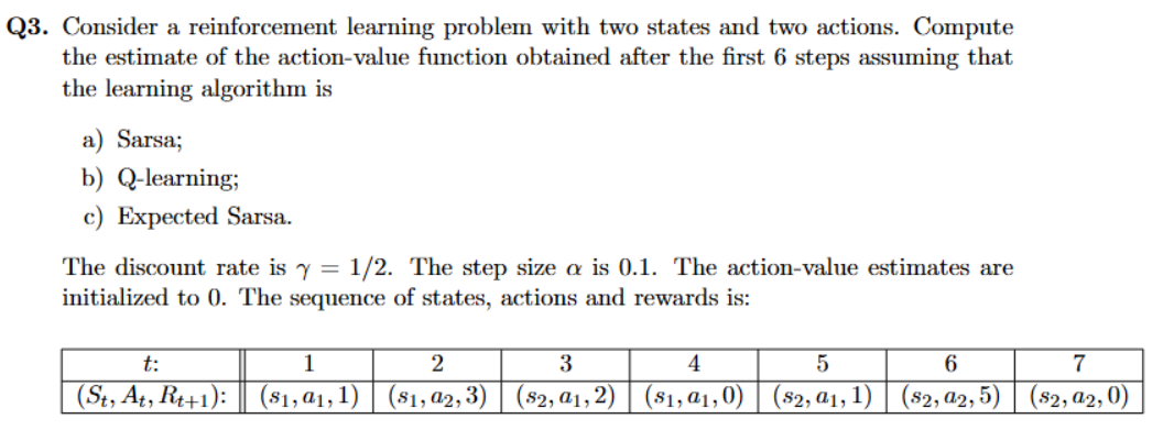 Q 3 . Consider a reinforcement learning problem