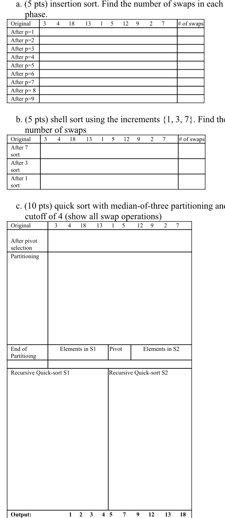 a . ( 5 pts ) insertion sort. Find the number of