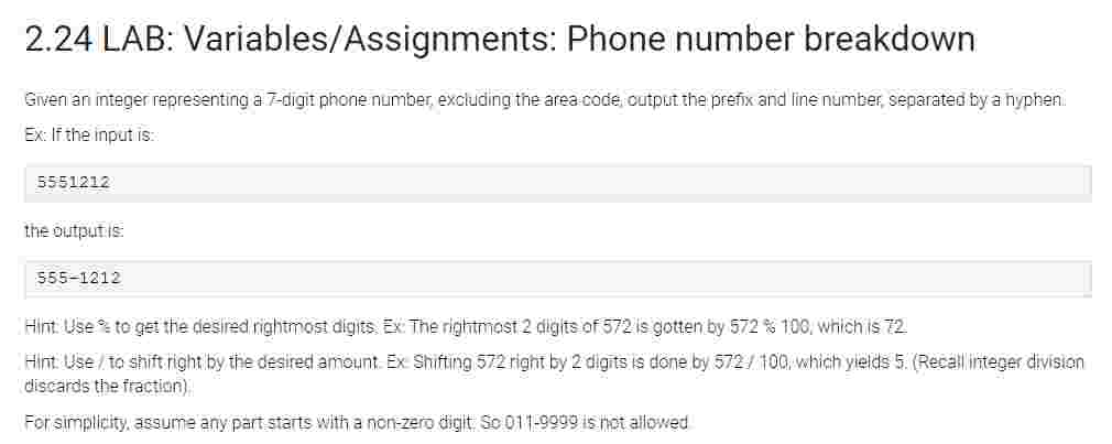Given an integer representing a 7 - digit phone
