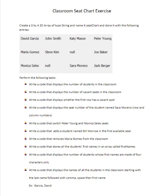 Classroom Seat Chart Exercise Create a 3 by 4 2 D