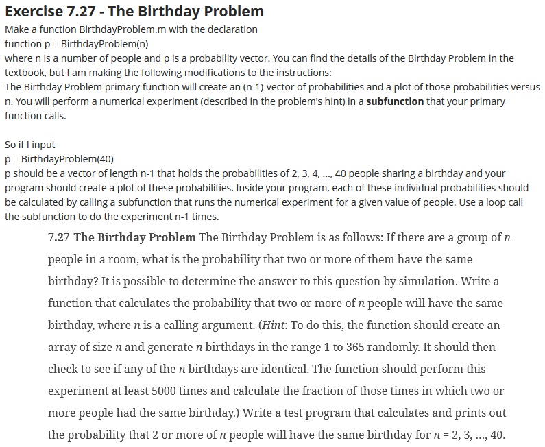 Exercise 7 . 2 7 - The Birthday Problem Make a