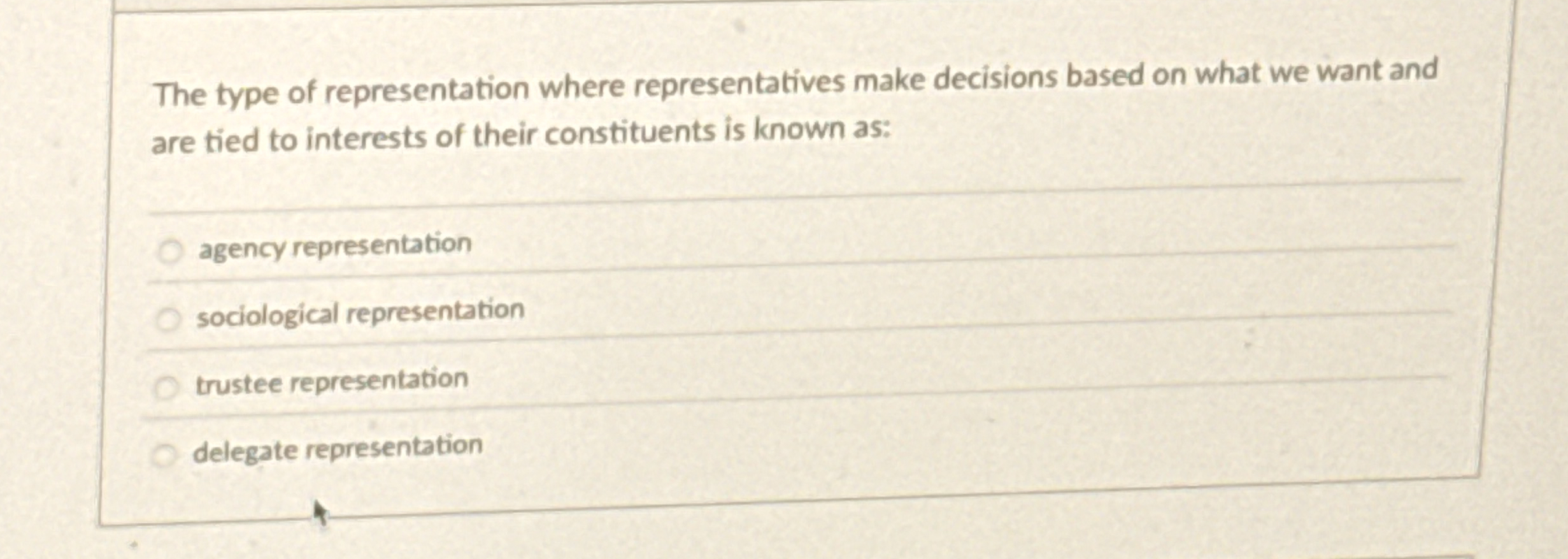 The type of representation where representatives