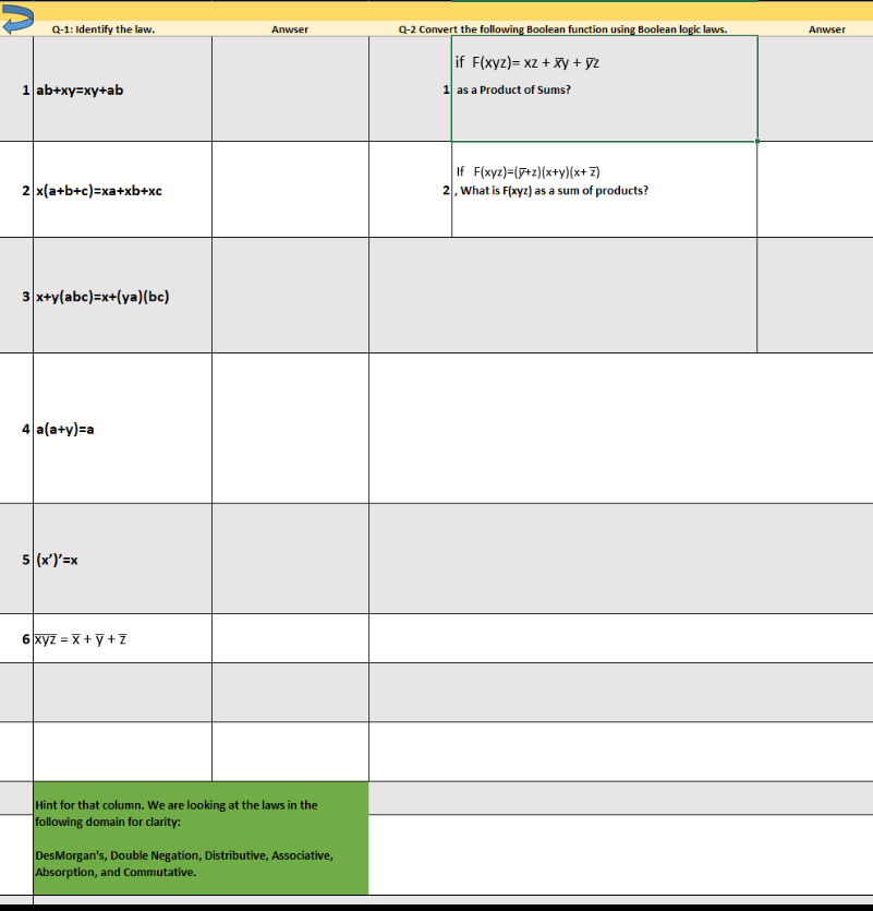 Q - 1 : Identify the lw for 1 - 6 ( boolean )