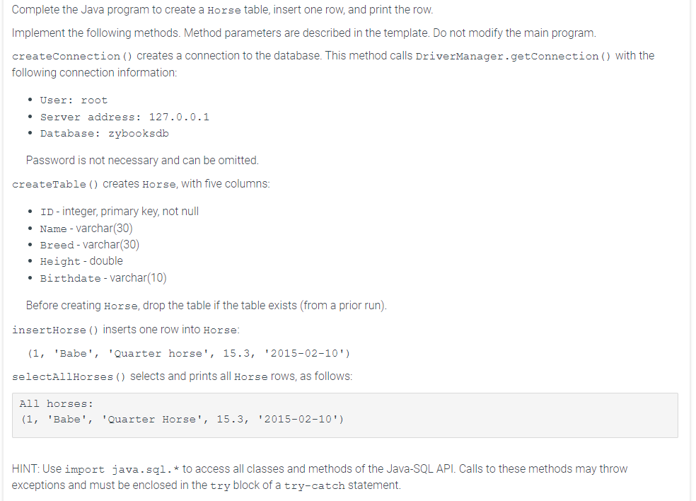 Complete the Java program to create a Horse