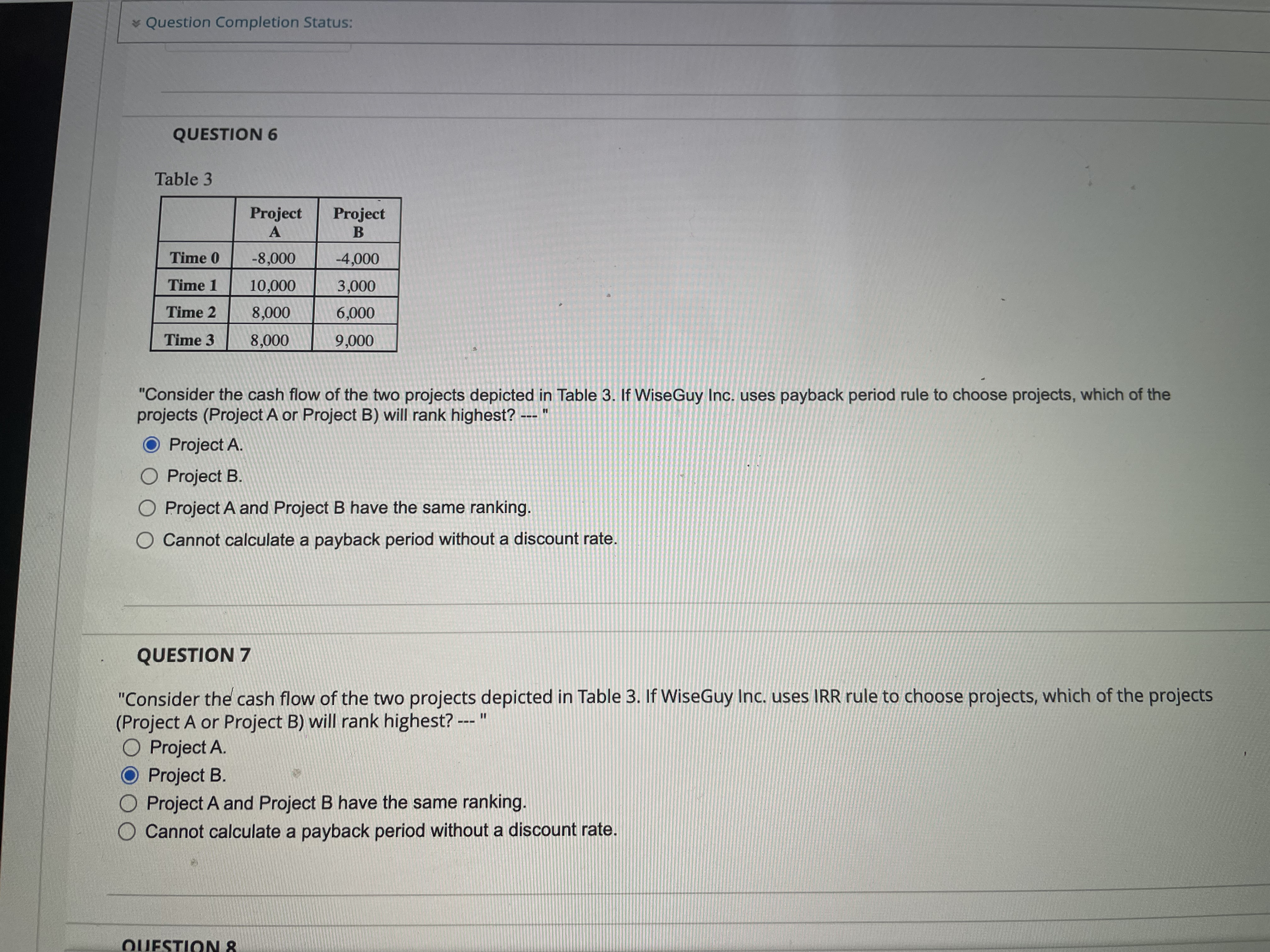 Question Completion Status: QUESTION 6 Table 3