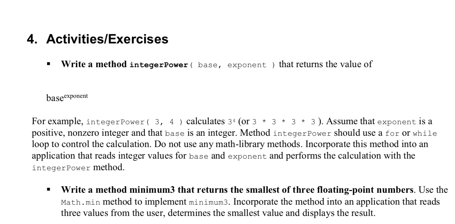 Activities / Exercises Write a method