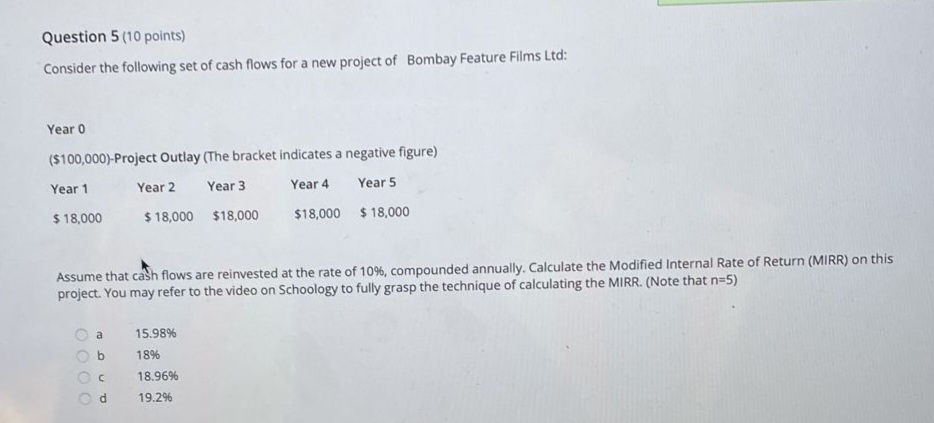 Question 2 (10 points) The Payback Method in