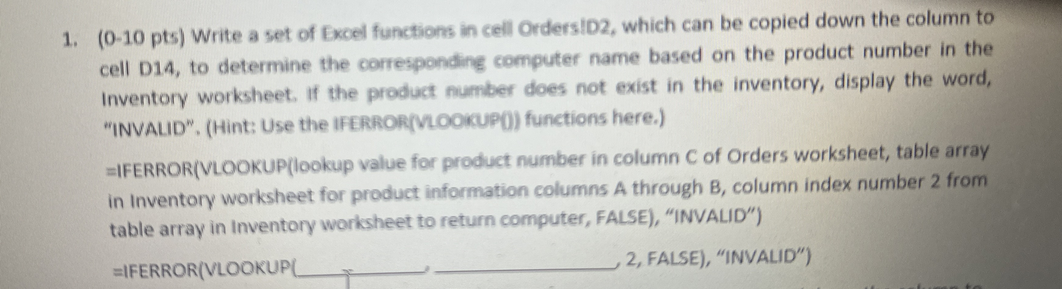 ( 0 - 1 0 p t s ) Write a set of Excel functions