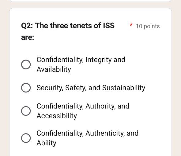 Q 2 : The three tenets of ISS 1 0 points are: