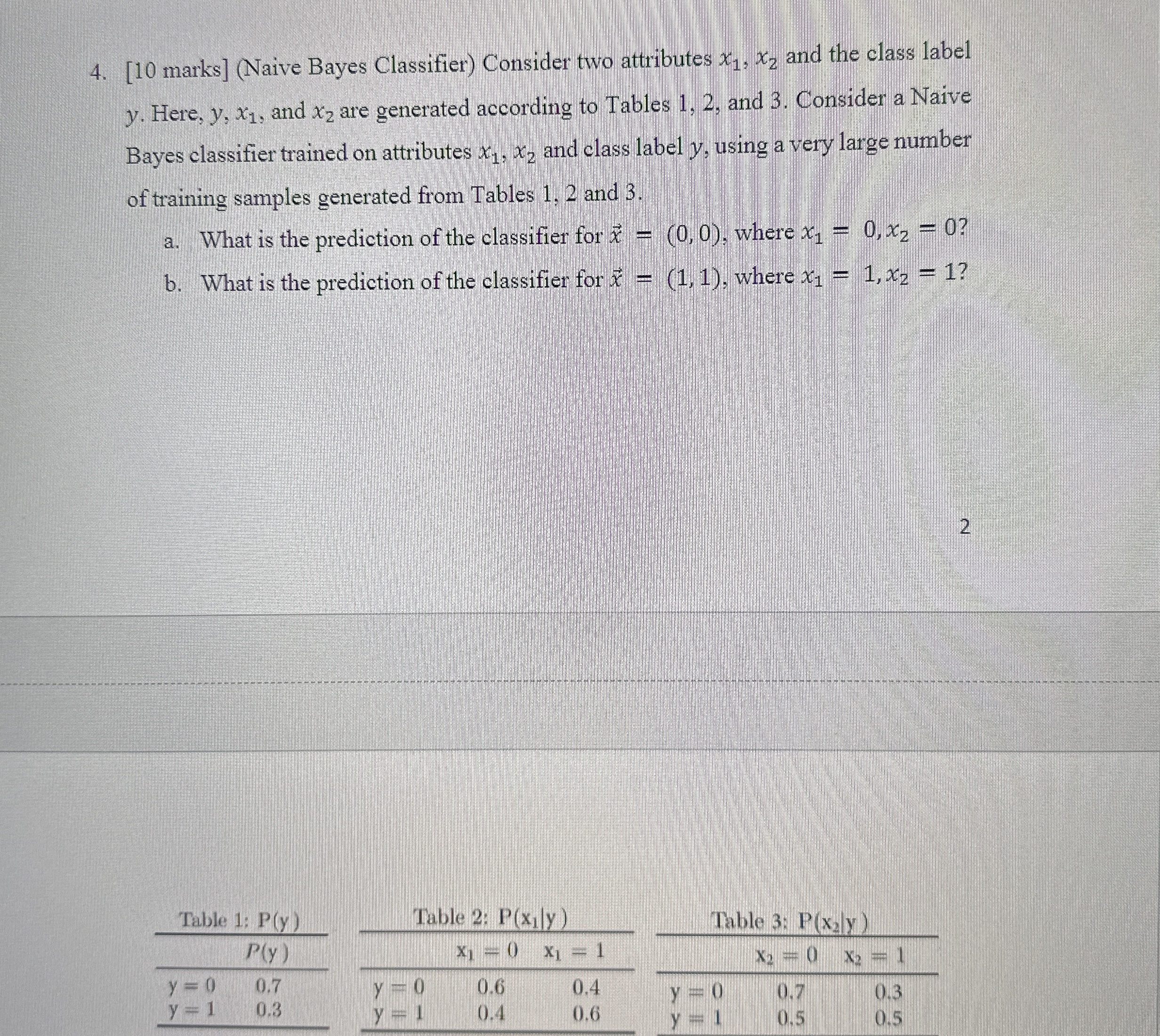 [ 1 0 marks ] ( Naive Bayes Classifier ) Consider