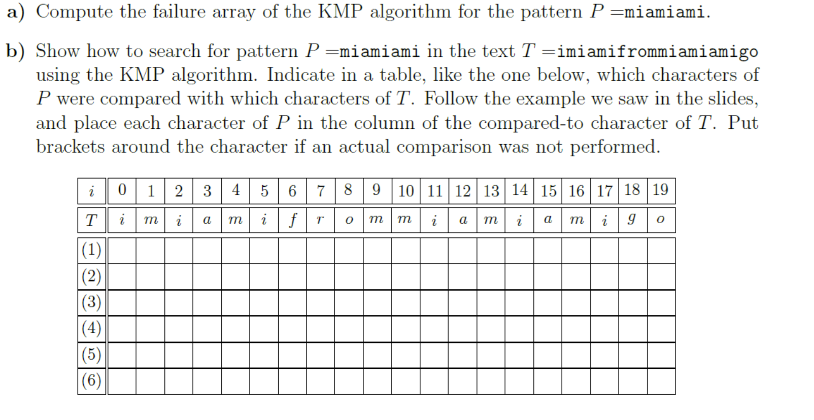 a ) Compute the failure array of the KMP