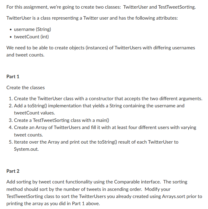 JAVA - create two classes: TwitterUser and