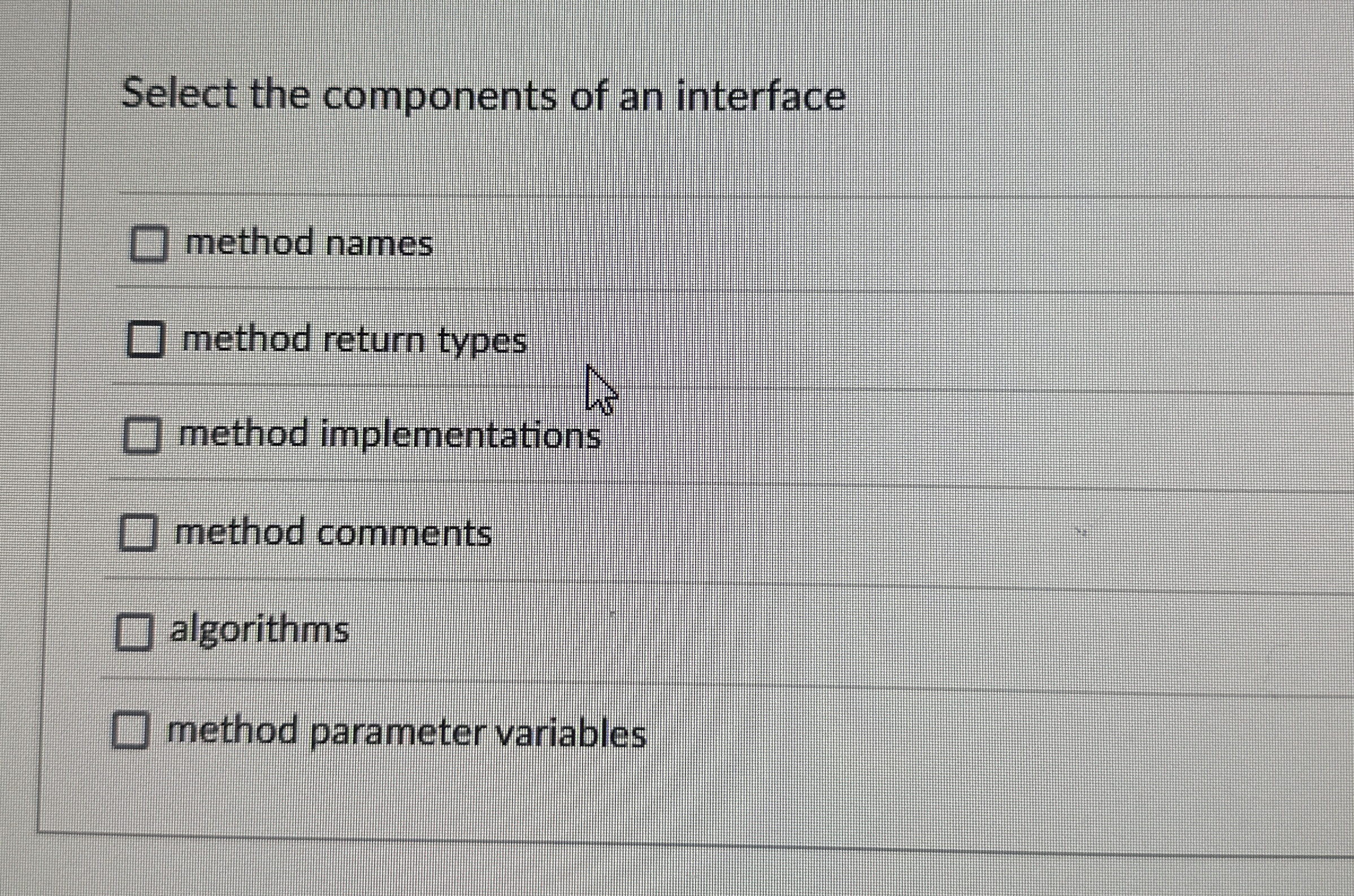 Select the components of an interface method