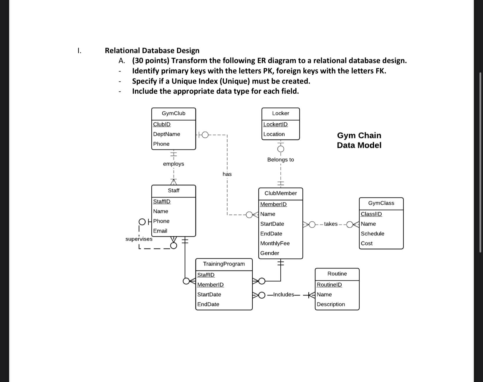 I. Relational Database Design A . ( 3 0 points )