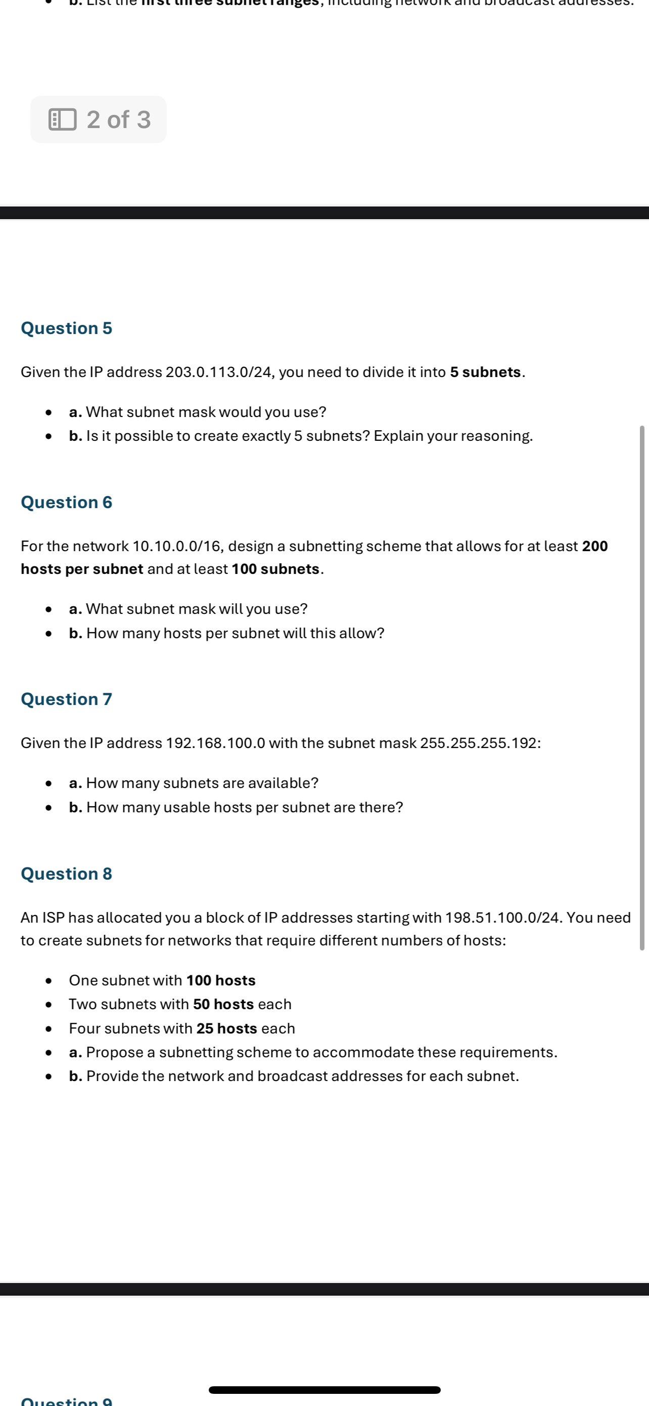 Question 5 Given the IP address 2 0 3 . 0 . 1 1 3