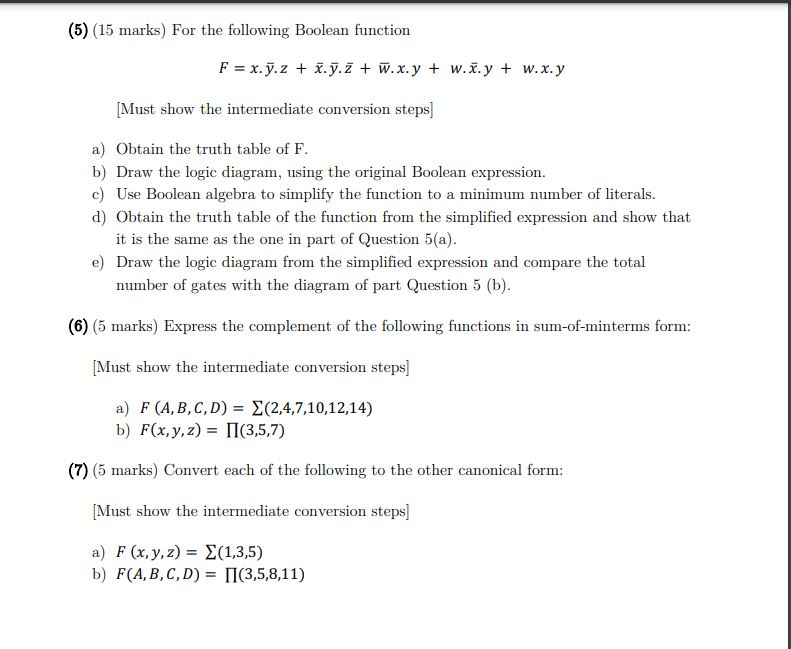 ( 5 ) ( 1 5 marks ) For the following Boolean