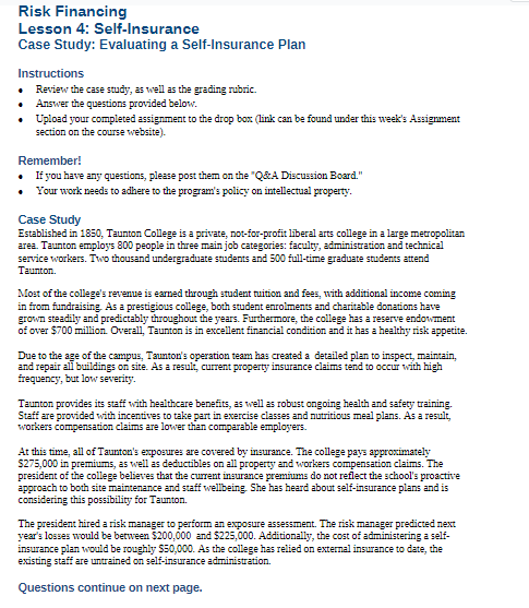 Risk Financing Lesson 4: Self-Insurance Case