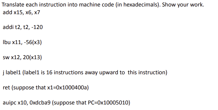 Translate each instruction into machine code ( in