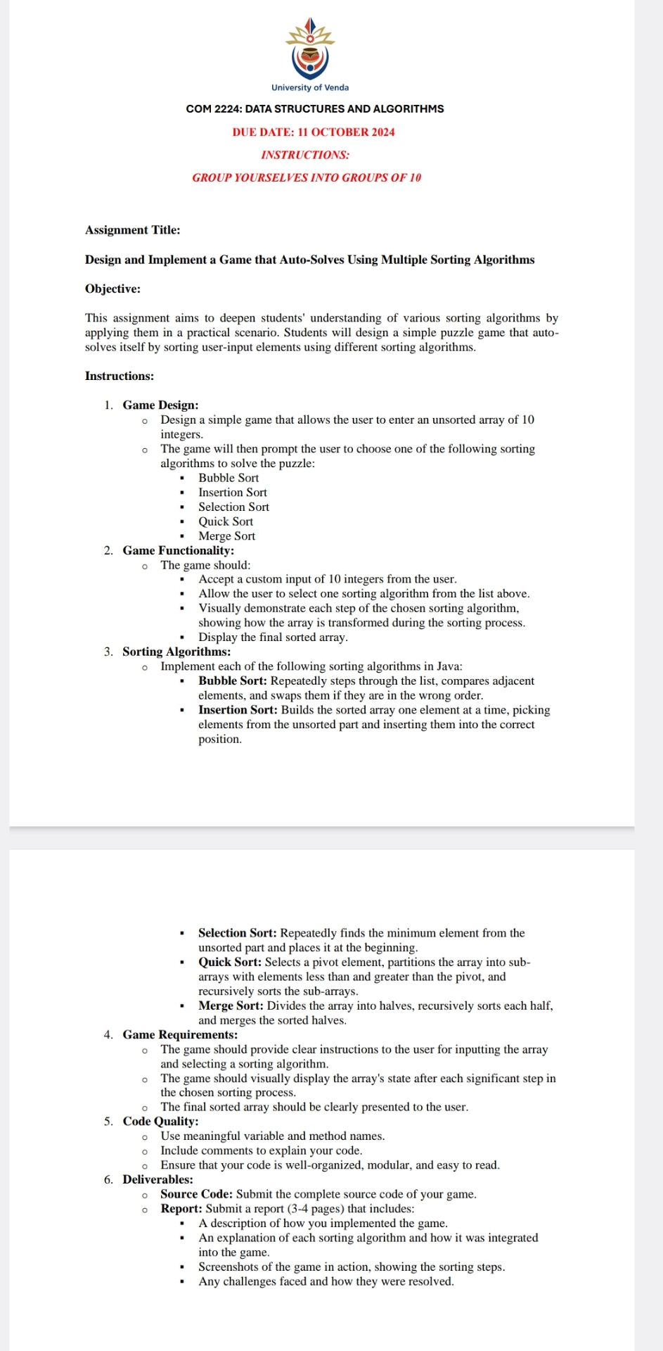 COM 2 2 2 4 : DATA STRUCTURES AND ALGORITHMS DUE